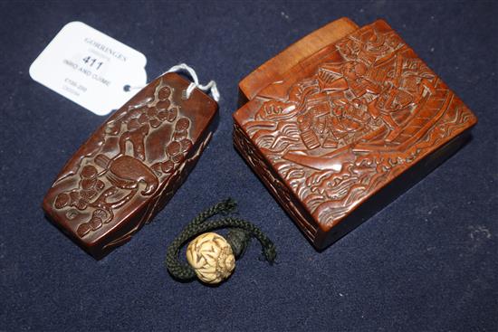 A Japanese Meiji carved wood inro and ivory ojime 8.5 x 8.5cm